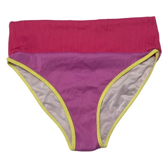 Two Piece Ribbed Adjustable Padded Pink Purple Yellow High-Waist Bikini Set - Picture 8 of 10
